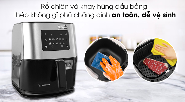 Nồi chiên không dầu Malloca MAF-06 6 lít - Rổ chiên và khay hứng dầu bằng chất liệu thép không gỉ phủ lớp chống dính an toàn